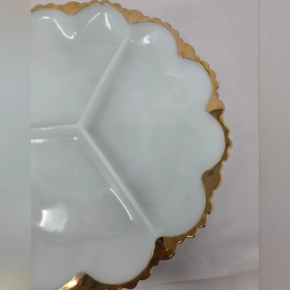 Anchor Hocking Fire-King Milk Glass-Gold Relish Cheese Cracker Dish 3 Sections